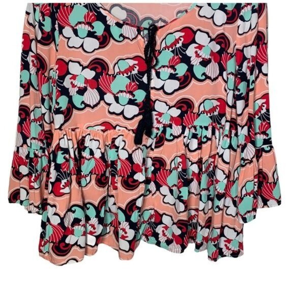 Crown and Ivy Top Womens Small Shirt Blouse Floral Peasant Boho Coral Pink Work - Picture 3 of 11